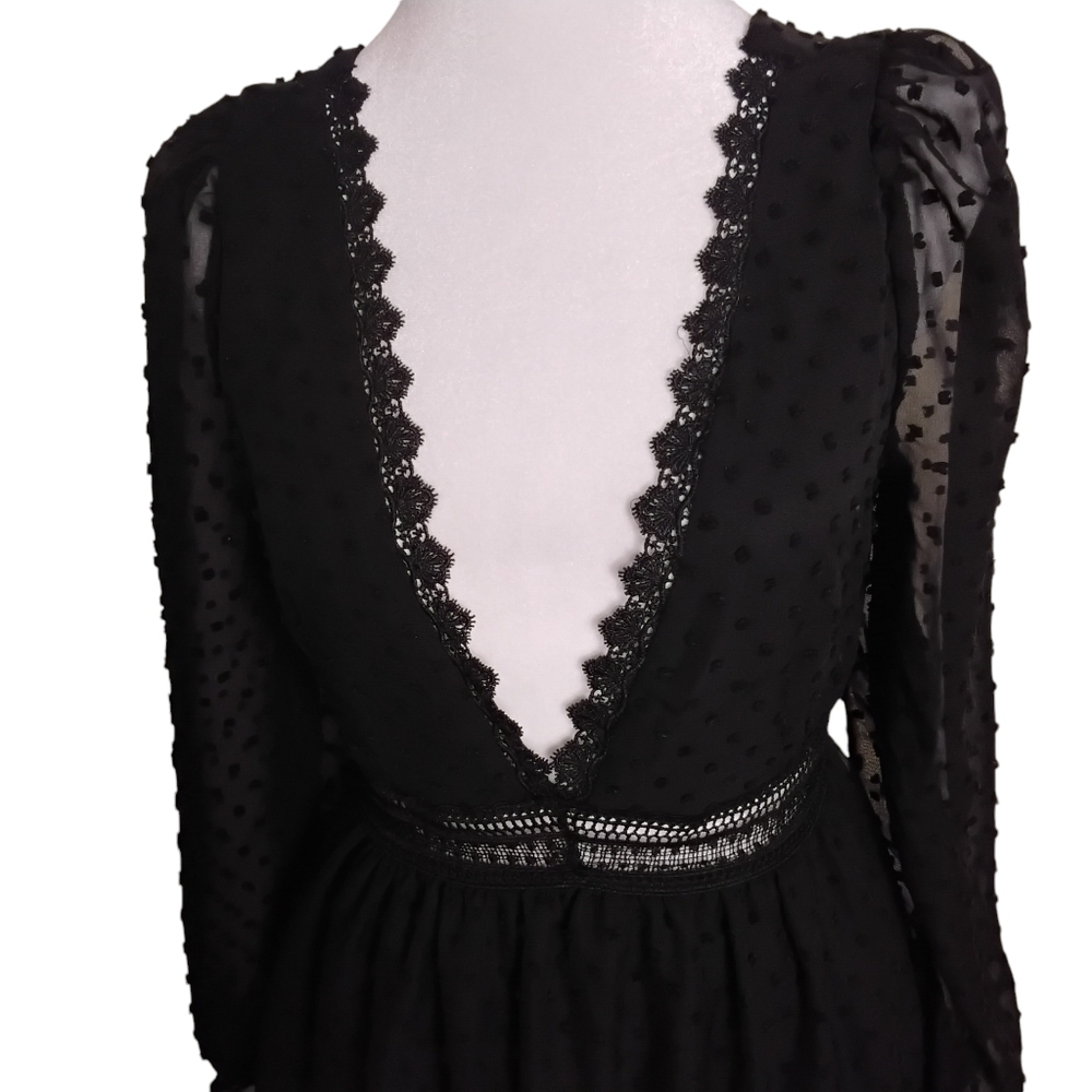 Shein Women's Black Scheer Deep V-Neck Long Sleeve Swiss Dot Tie Mini Dress L - Picture 3 of 9